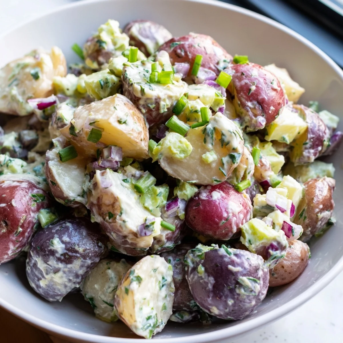 Chilled Red White Blue Potato Salad topped with chives on a summer table