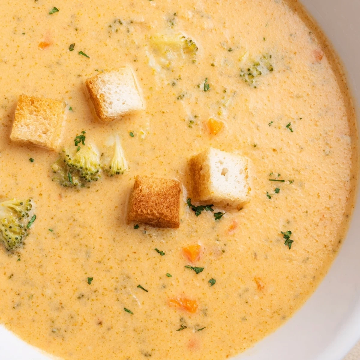 Creamy vegetable soup in a rustic bowl, garnished with fresh parsley and golden croutons