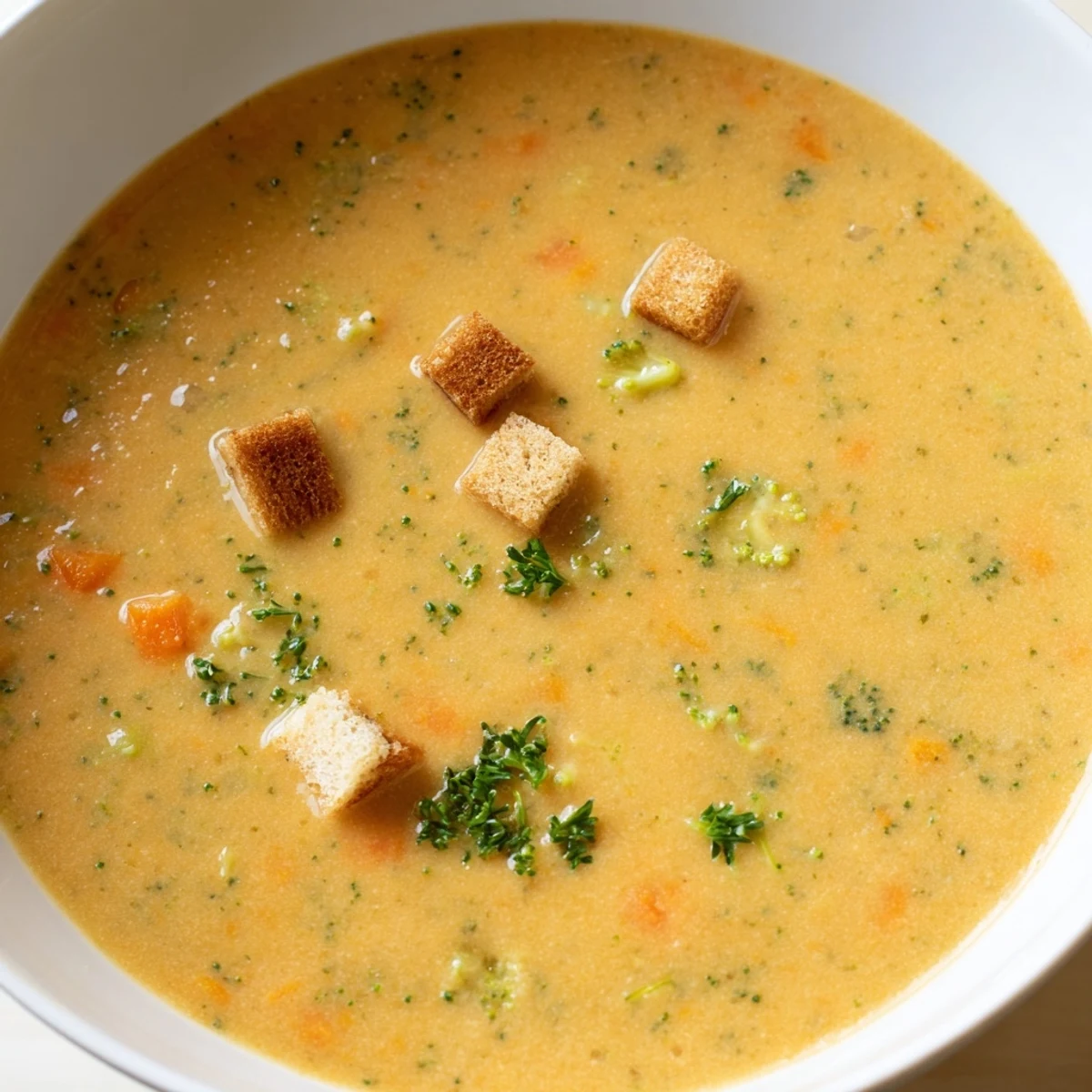 Steaming bowl of creamy vegetable soup with vibrant green broccoli and tender carrot slices
