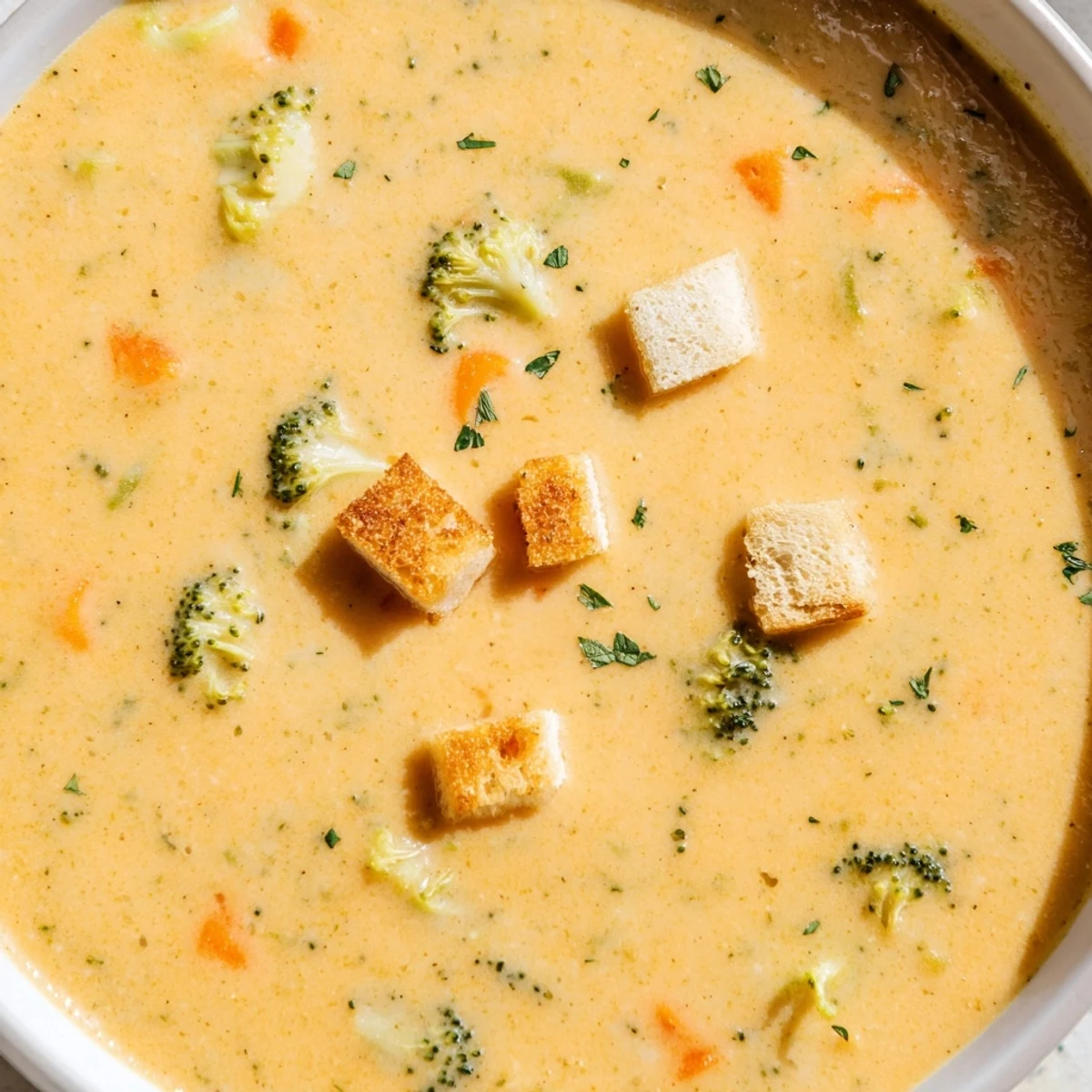 Velvety creamy vegetable soup ladled into a white mug, served alongside crusty artisan bread