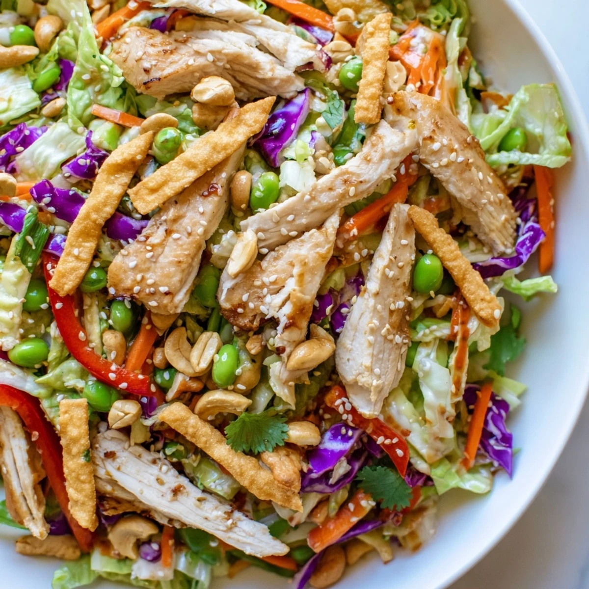 Colorful Chicken Cashew Crunch Salad topped with roasted cashews and crispy wonton strips on a white platter