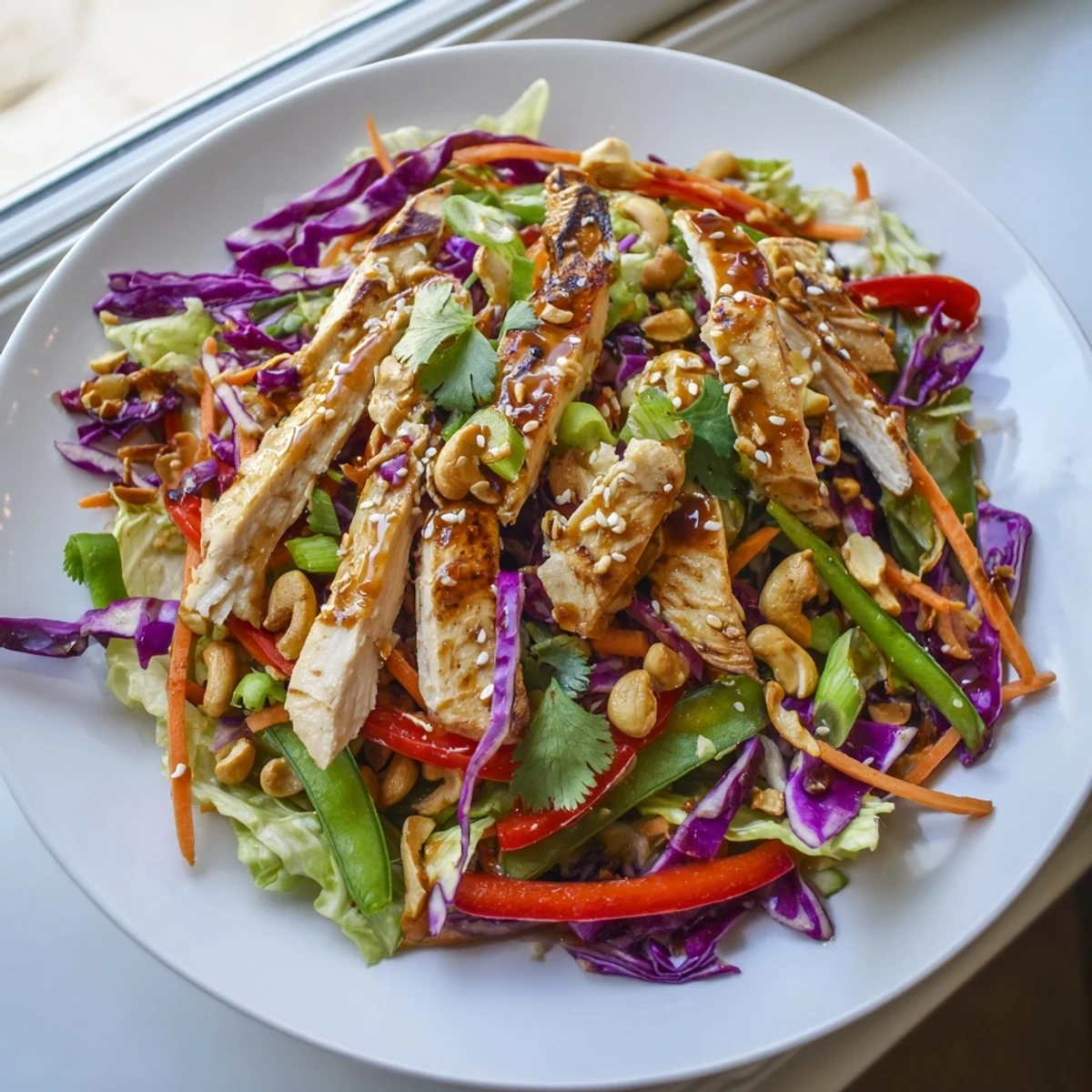 Golden sliced chicken breast nestled among crisp vegetables and chopped cashews in this Chicken Cashew Crunch Salad