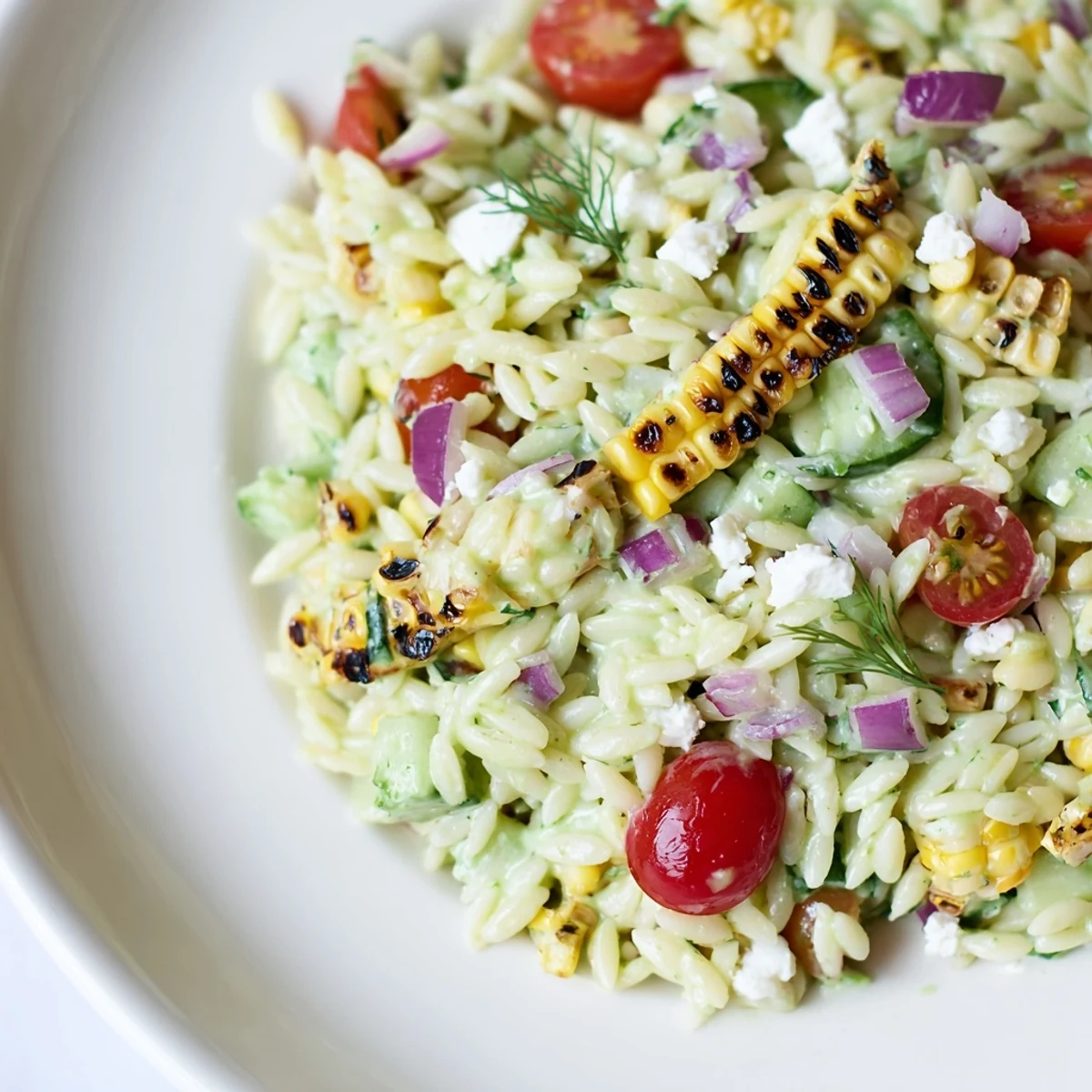 Grilled corn orzo salad tossed in a creamy scallion dill dressing on a rustic platter