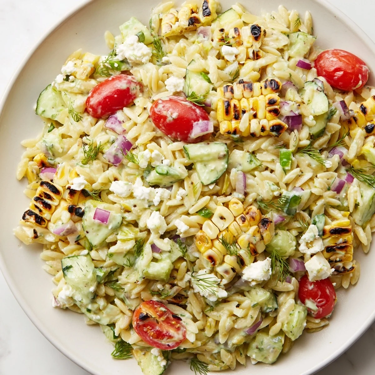 Vibrant grilled corn orzo salad with charred kernels, juicy tomatoes, and crumbled feta