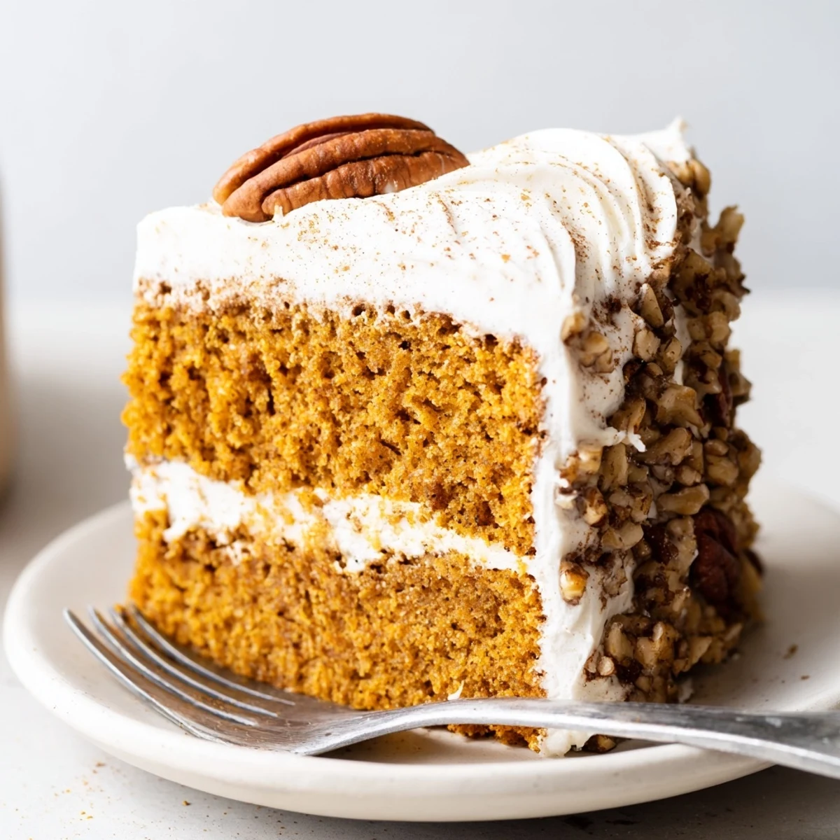 Slice of pumpkin pecan cake with swirled cinnamon cream cheese icing on a rustic plate