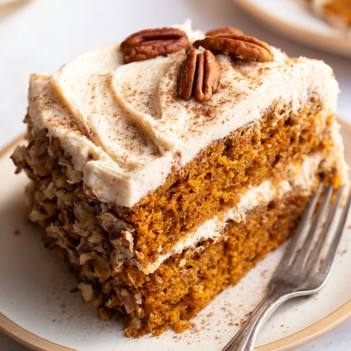 Frosted pumpkin pecan cake cut into squares drizzled with warm cinnamon cream cheese icing