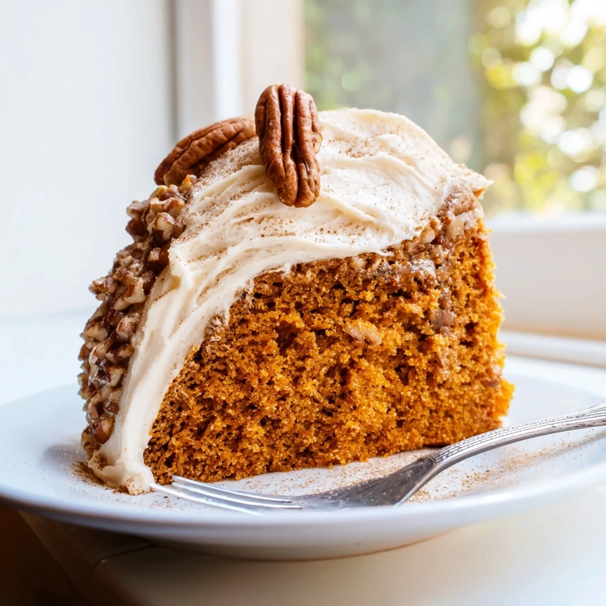 Moist pumpkin pecan cake topped with fluffy cinnamon cream cheese frosting and toasted pecan halves