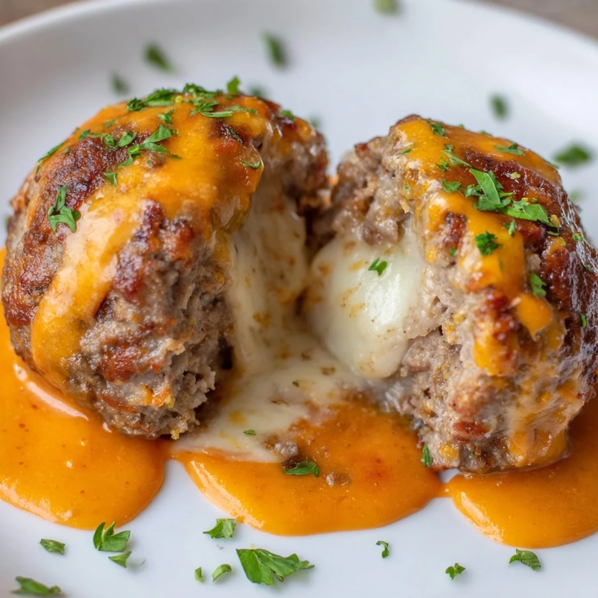 Golden cheese stuffed meatballs swimming in a rich, smoky pepper jack cheese sauce.
