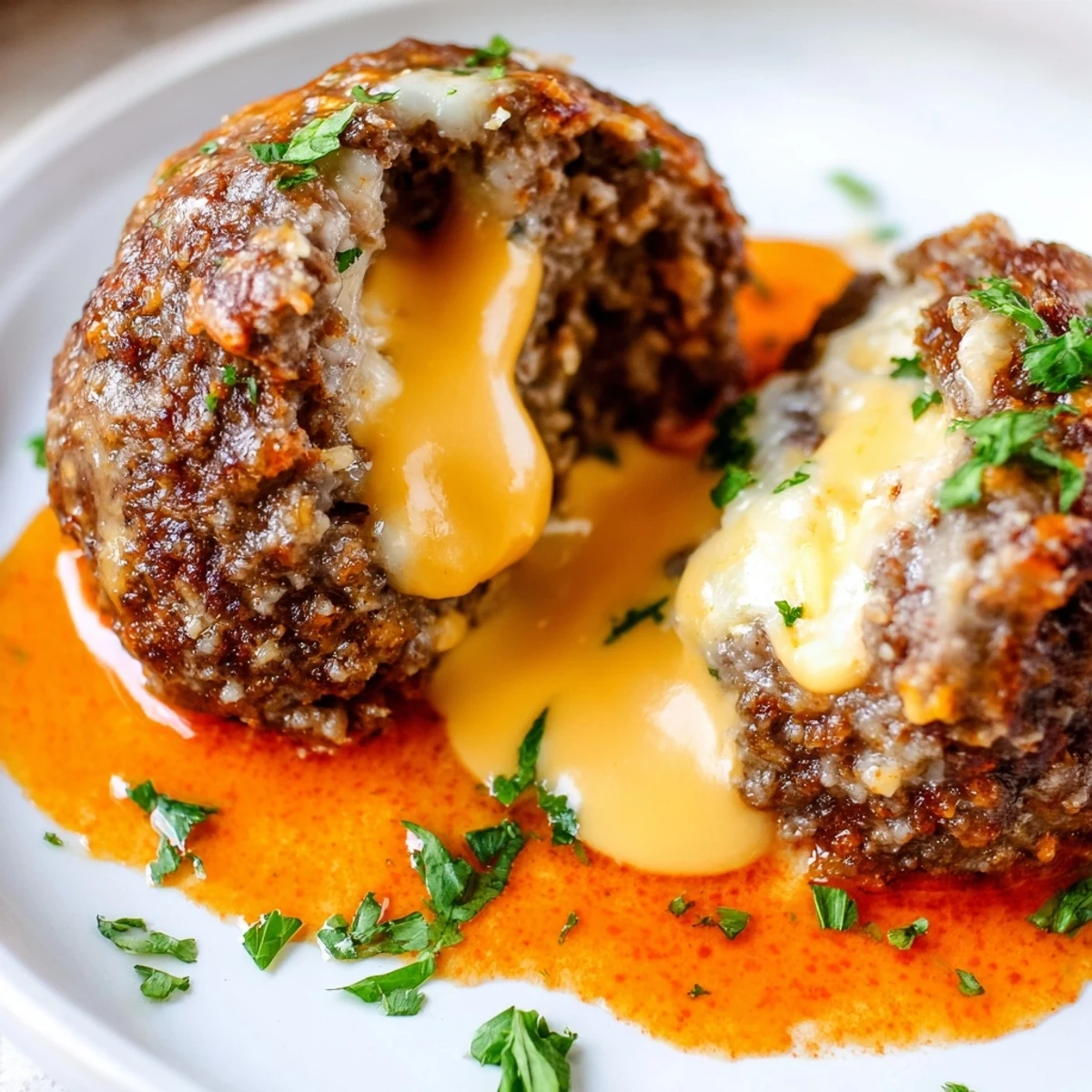 Juicy cheese stuffed meatballs with melted mozzarella centers drizzled in spicy cheddar sauce.