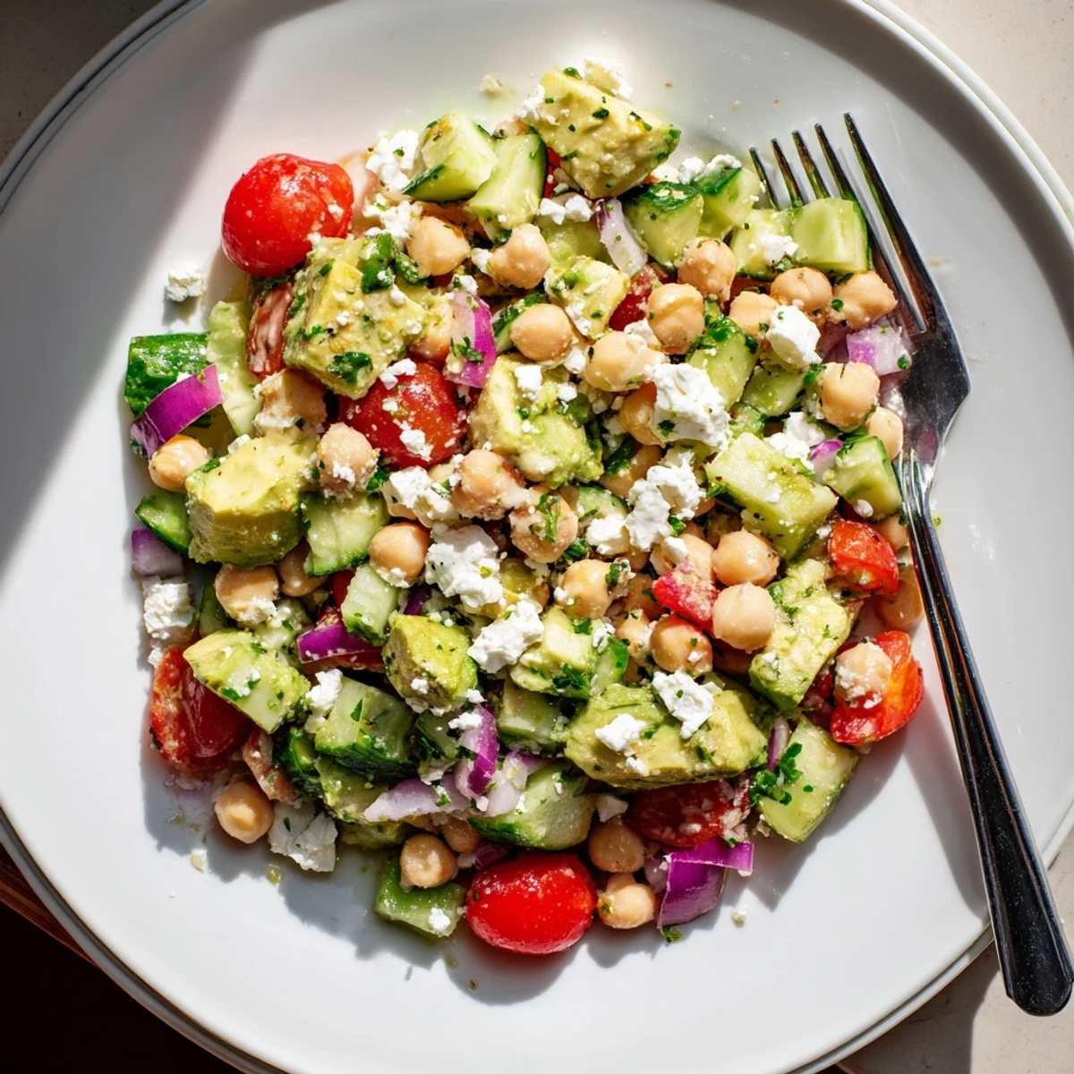 Golden feta crumbles top this hearty chickpea feta avocado salad with diced cucumber