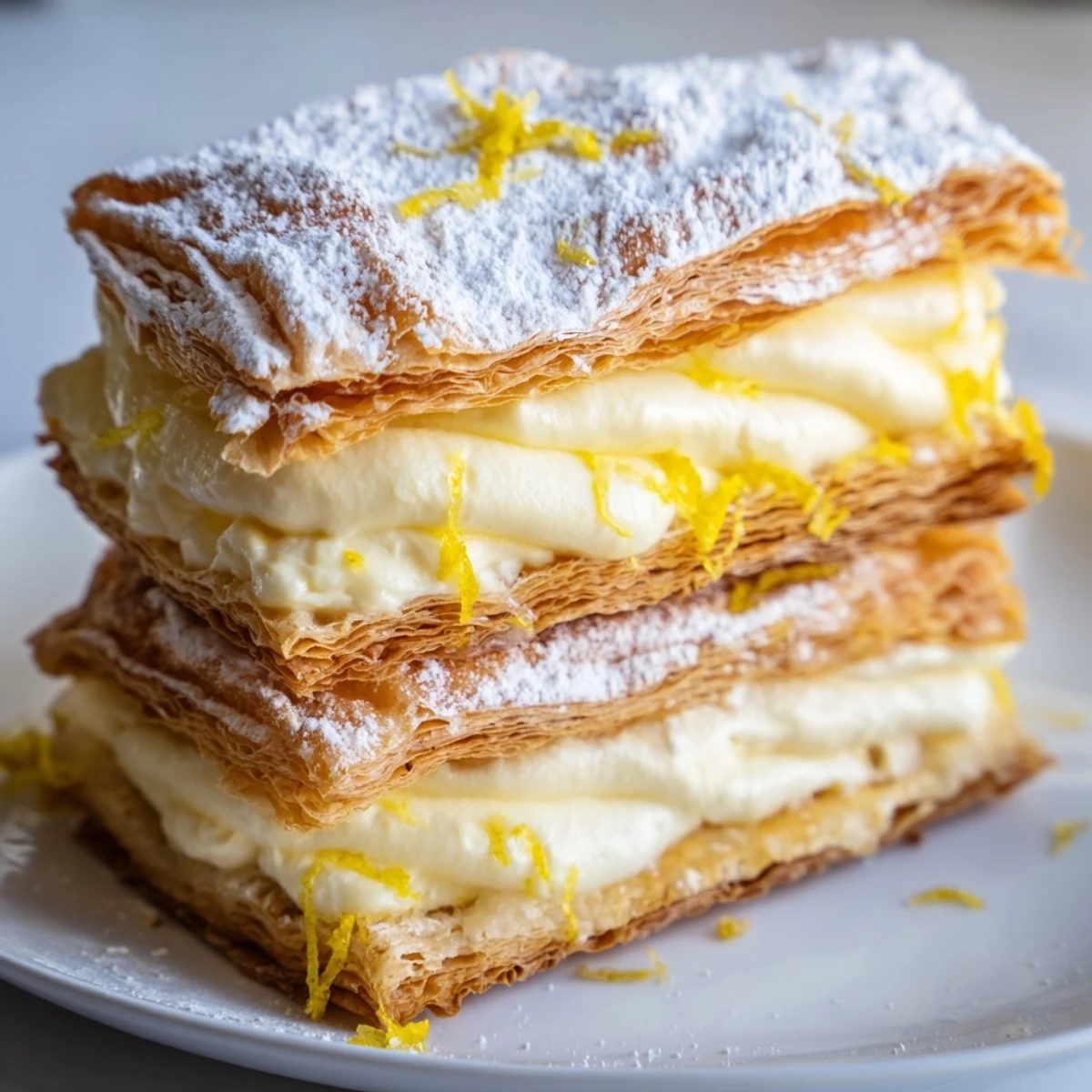 Golden flaky lemon ricotta puff pastry mille feuille dusted with powdered sugar on a rustic plate