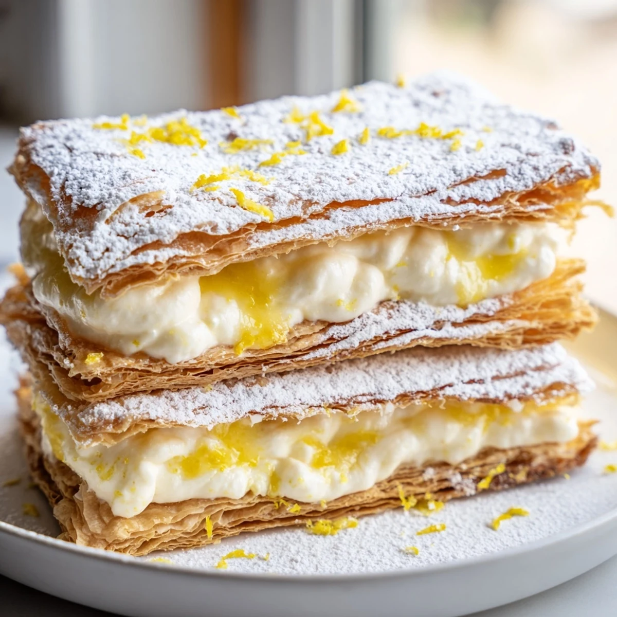 Creamy lemon ricotta filling layered between crispy puff pastry mille feuuille with fresh zest