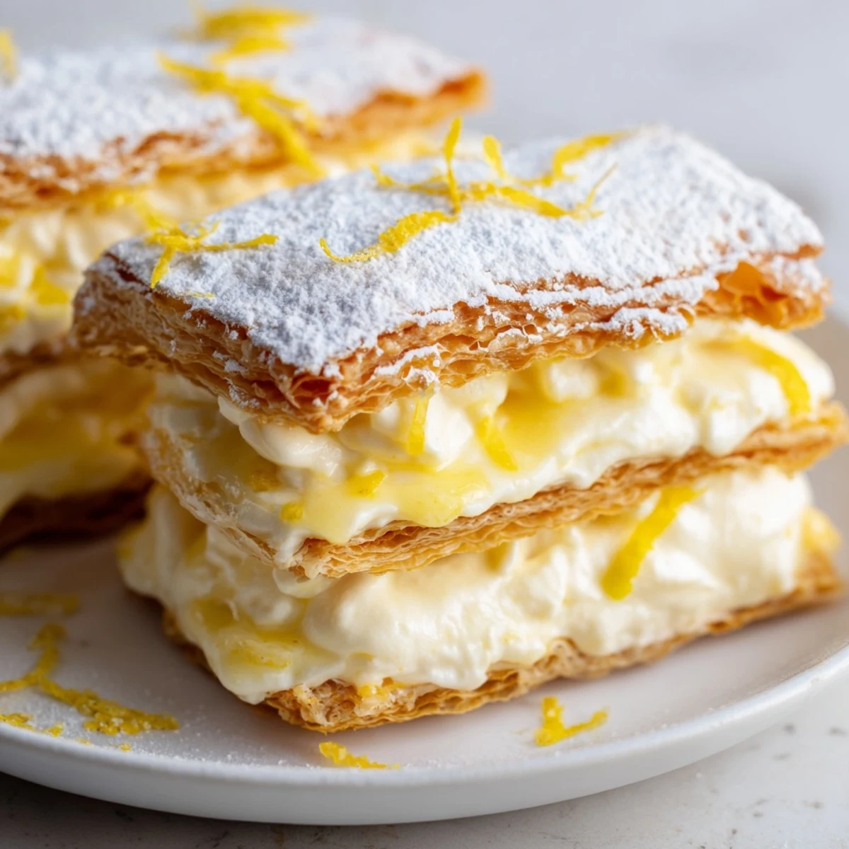 Elegant lemon ricotta puff pastry mille feuille topped with powdered sugar and bright lemon curls