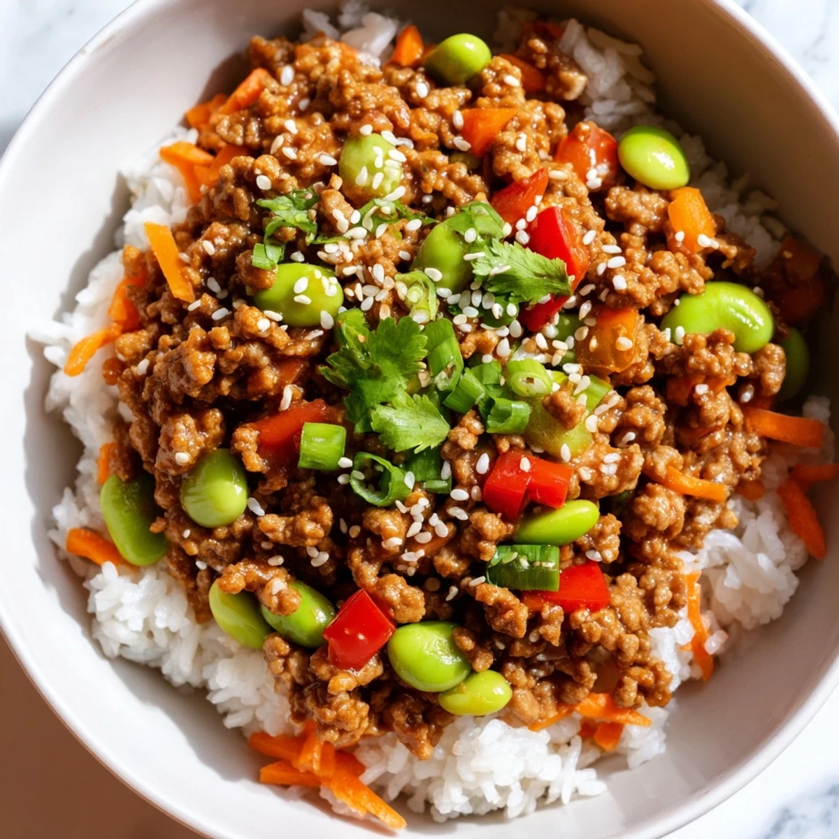 Steaming ground turkey rice bowls drizzled in savory soy-ginger sauce with fresh edamame