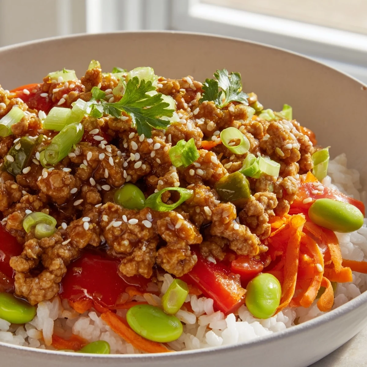 Hearty ground turkey rice bowls topped with sesame seeds, cilantro, and lime wedges