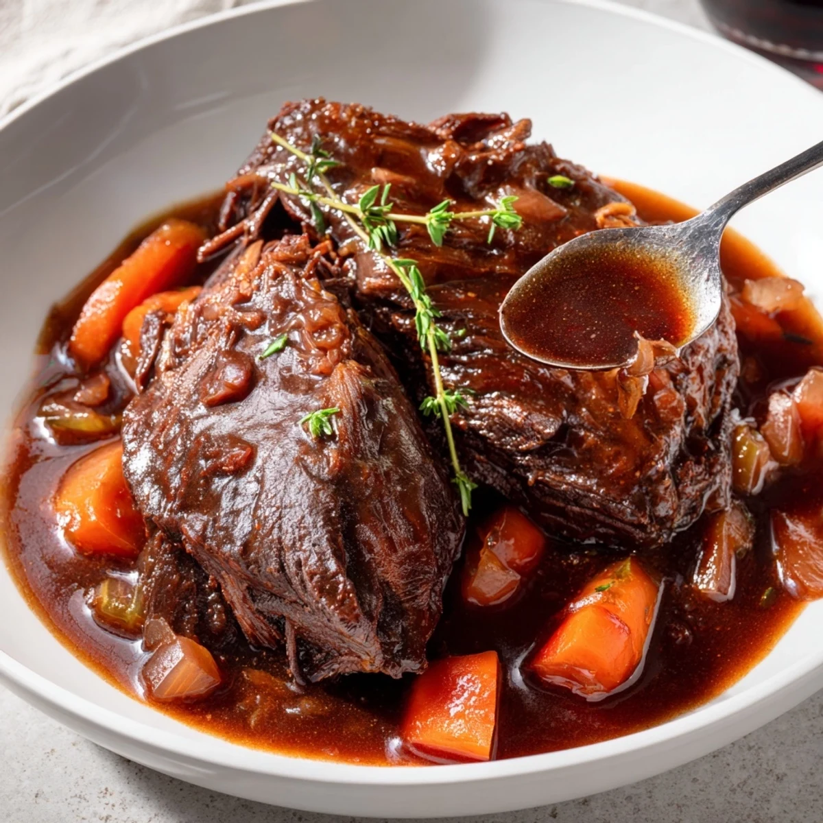 Fall-off-the-bone braised beef short ribs glistening with rich, velvety red wine sauce