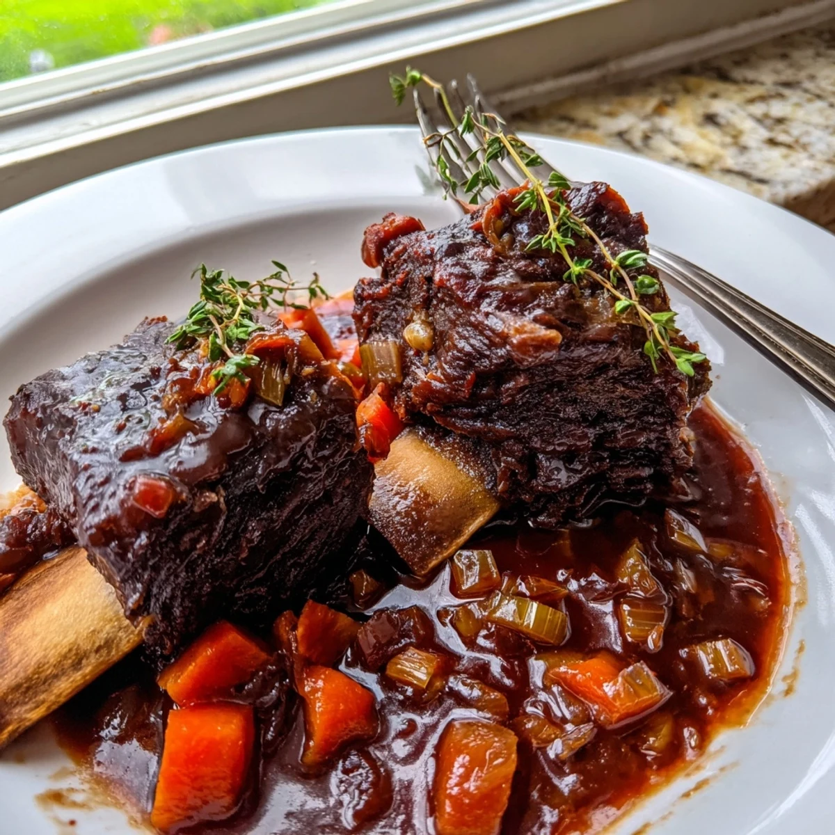 Tender oven braised beef short ribs nestled over creamy mashed potatoes with herb garnish