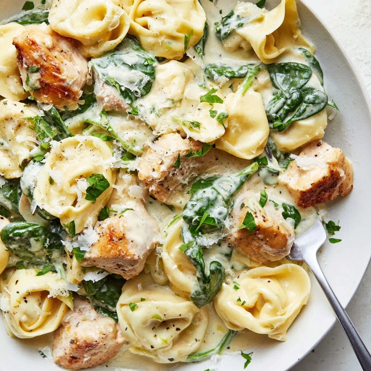 Creamy garlic chicken tortellini with spinach in a golden Parmesan sauce, served steaming in a rustic skillet