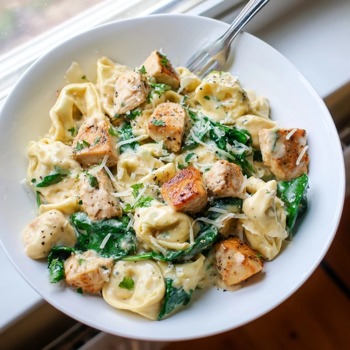 Tender chicken and cheese tortellini tossed with wilted spinach in a velvety garlic cream sauce