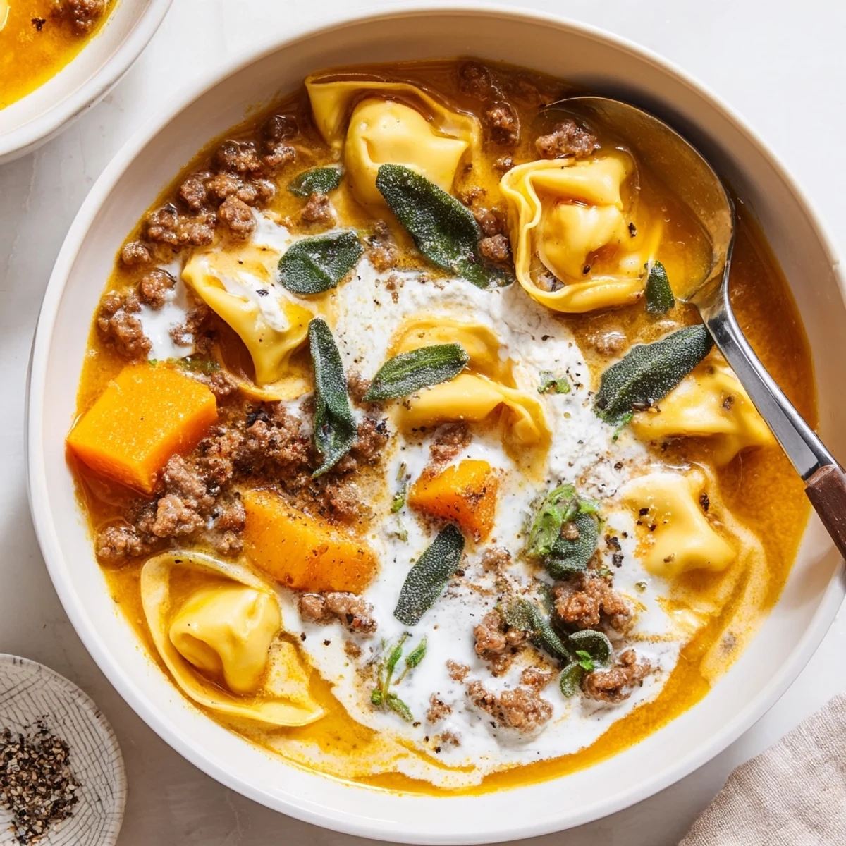 Creamy butternut squash sausage tortellini soup in a rustic bowl with sage cheese swirl