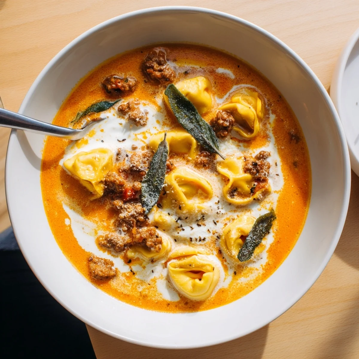 Steaming bowl of butternut squash sausage tortellini soup drizzled with a velvety ricotta sage cream