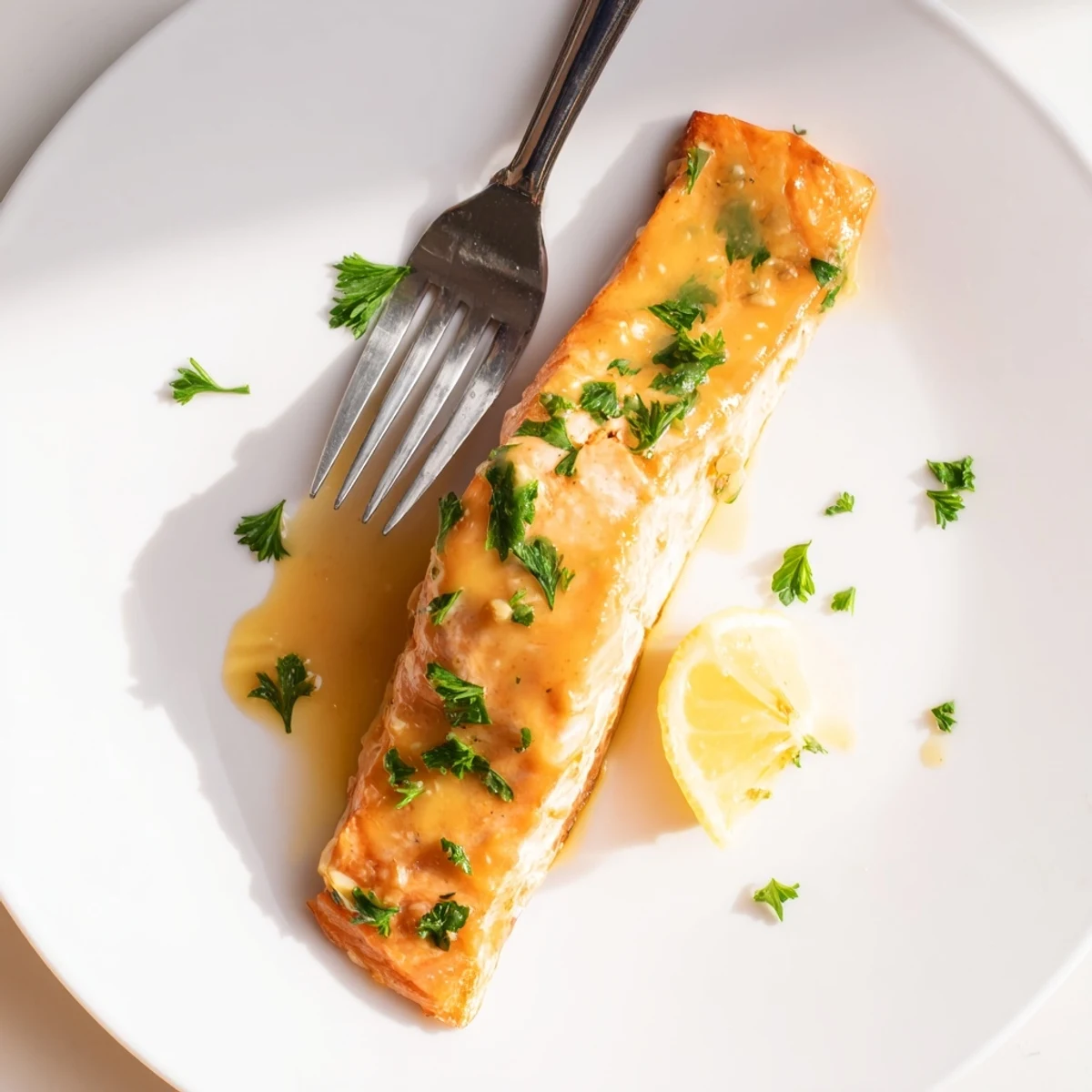Golden baked honey mustard salmon fillet glistening with sweet and tangy glaze on a parchment-lined pan