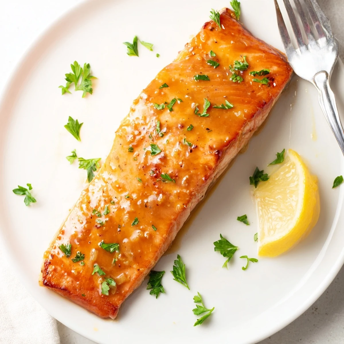 Tender baked honey mustard salmon topped with fresh parsley and served alongside bright lemon wedges