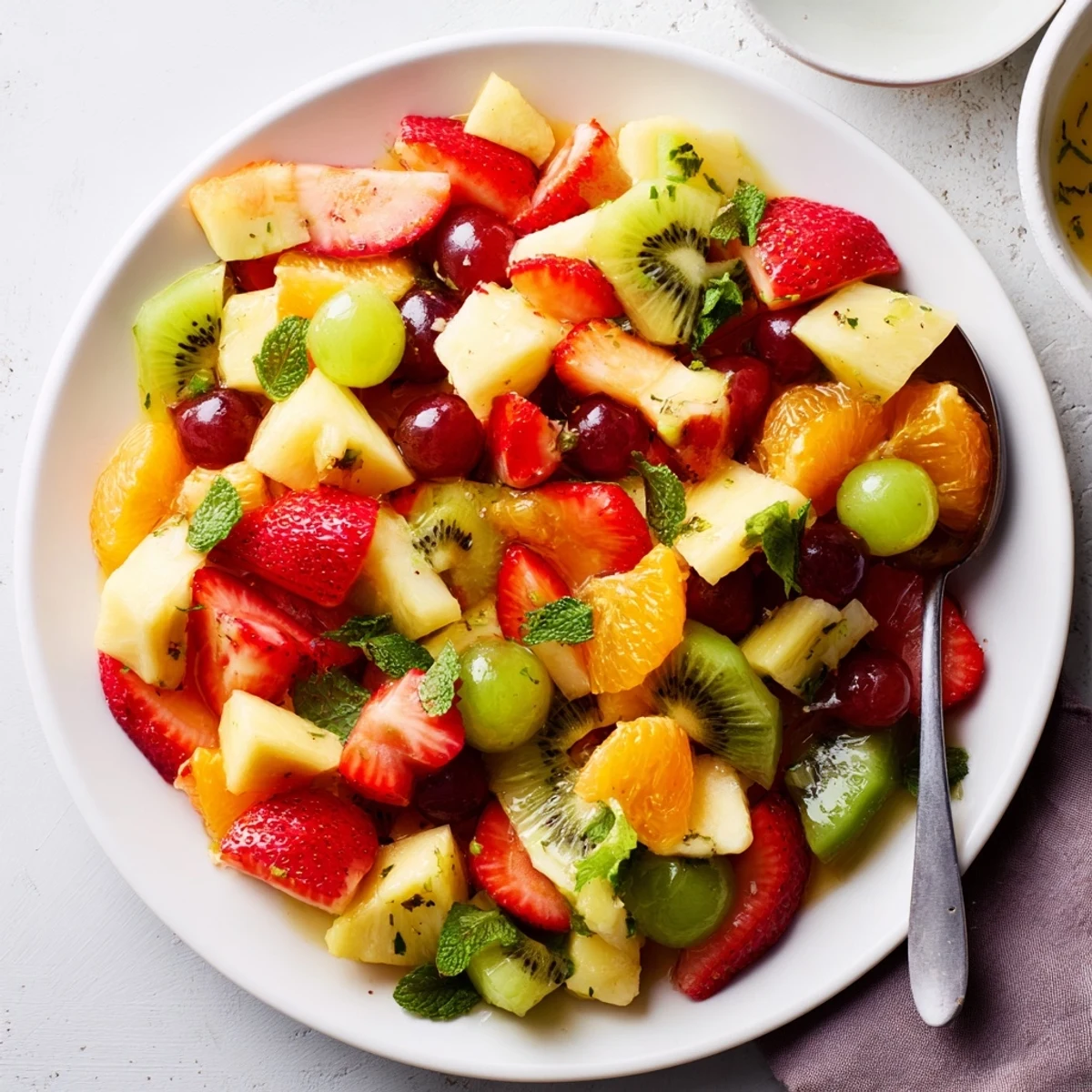 Colorful fruit bowl glistening with fresh lime dressing and scattered mint leaves