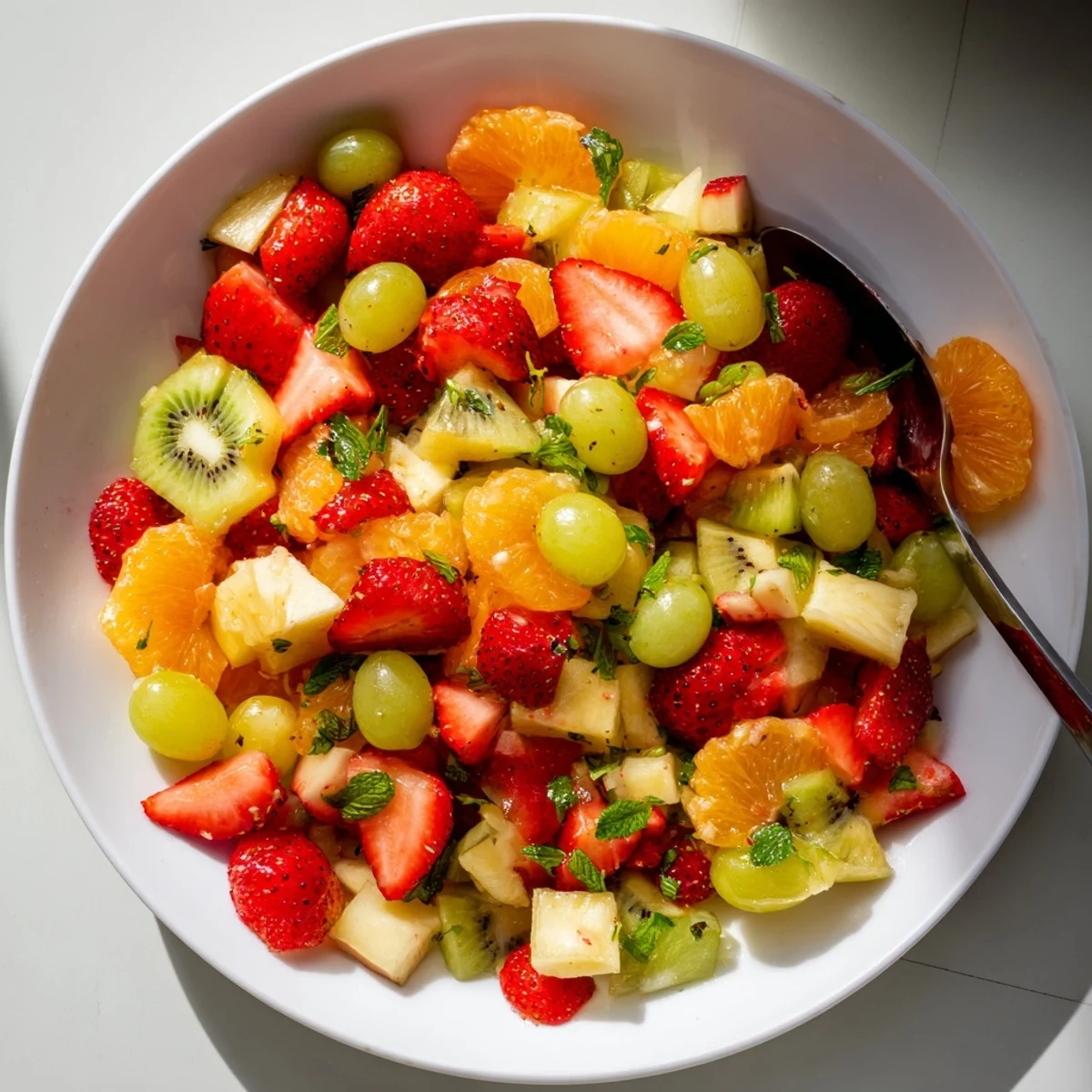 Vibrant fruit bowl filled with strawberries kiwi pineapple and grapes ready to serve