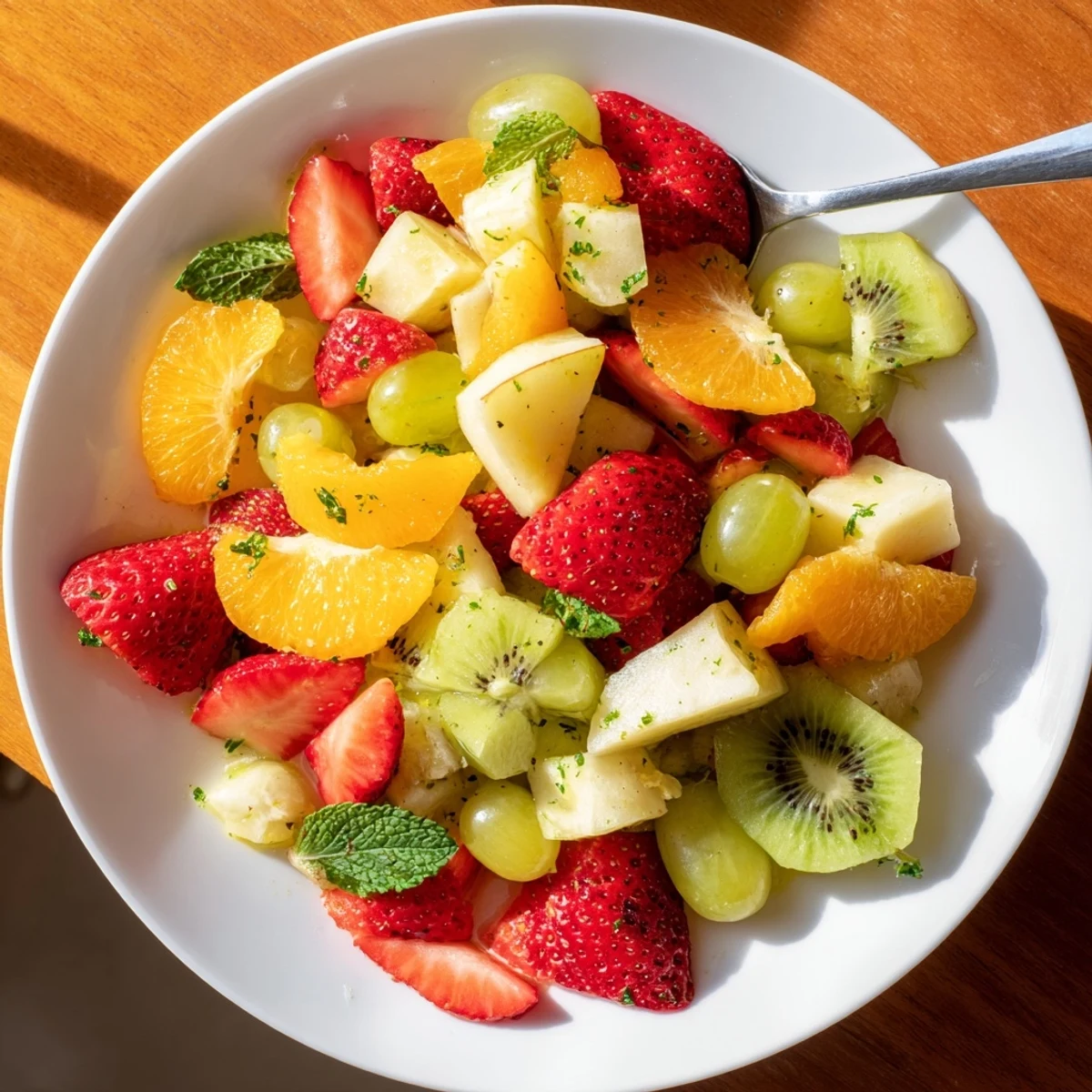 Refreshing fruit bowl topped with zesty citrus glaze in a white serving dish