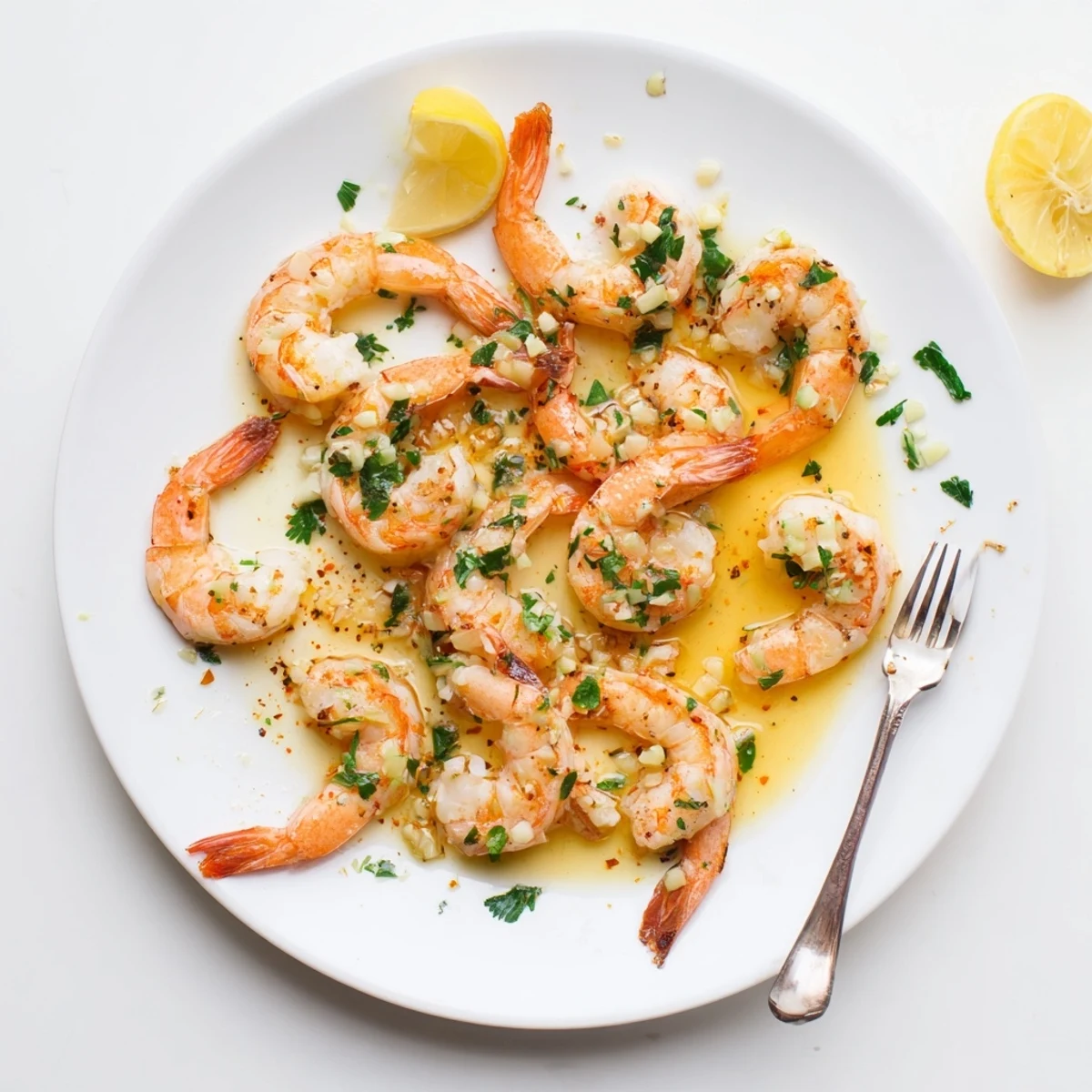 Golden buttered shrimp glistening in a garlicky lemon butter sauce with fresh parsley