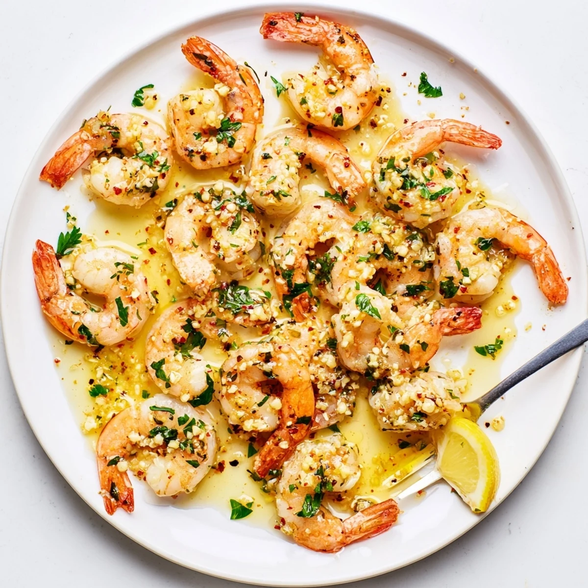 Tender buttered shrimp nestled in a silky skillet sauce served with lemon wedges