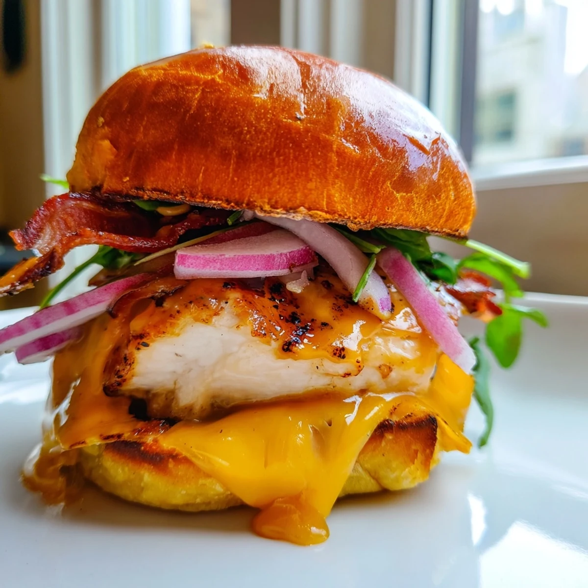 Golden maple chicken bacon sliders stacked on toasted buns with melted cheddar and fresh greens