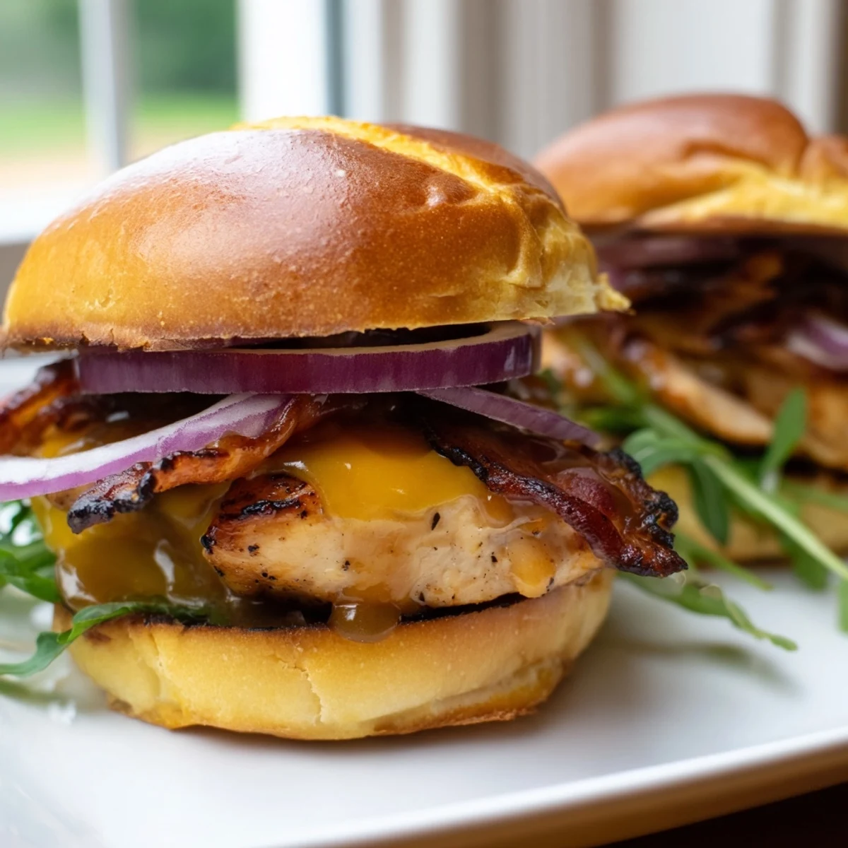 Close-up of maple chicken bacon sliders showing glistening glaze, arugula, and perfectly browned buns