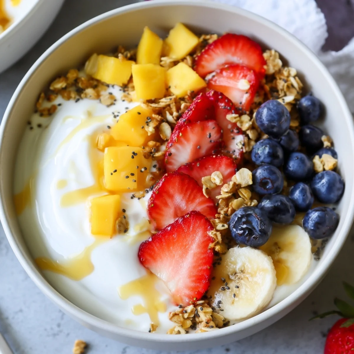 Creamy yogurt fruit bowl topped with fresh berries, mango, and crunchy granola
