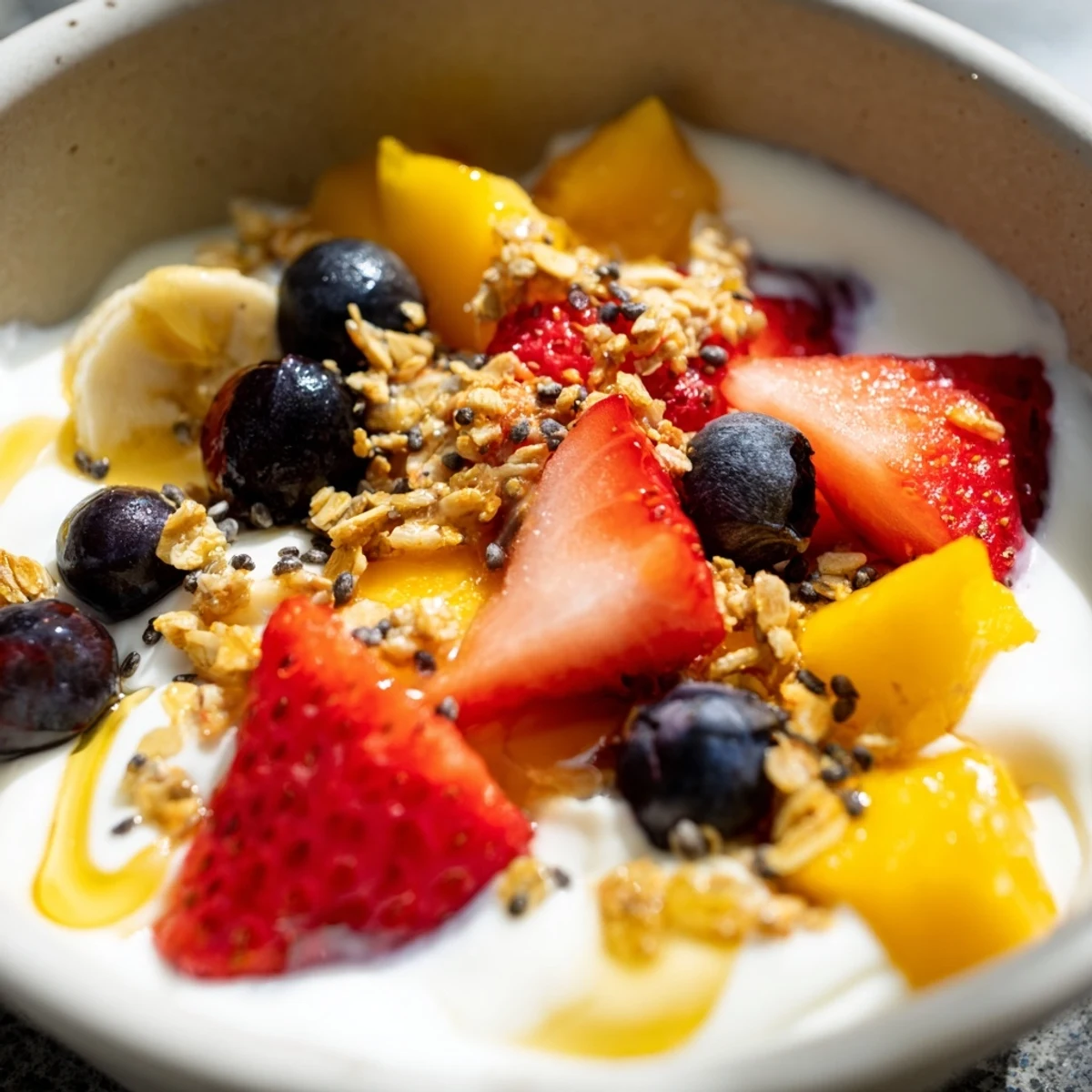 Vibrant yogurt fruit bowl drizzled with honey and sprinkled with chia seeds
