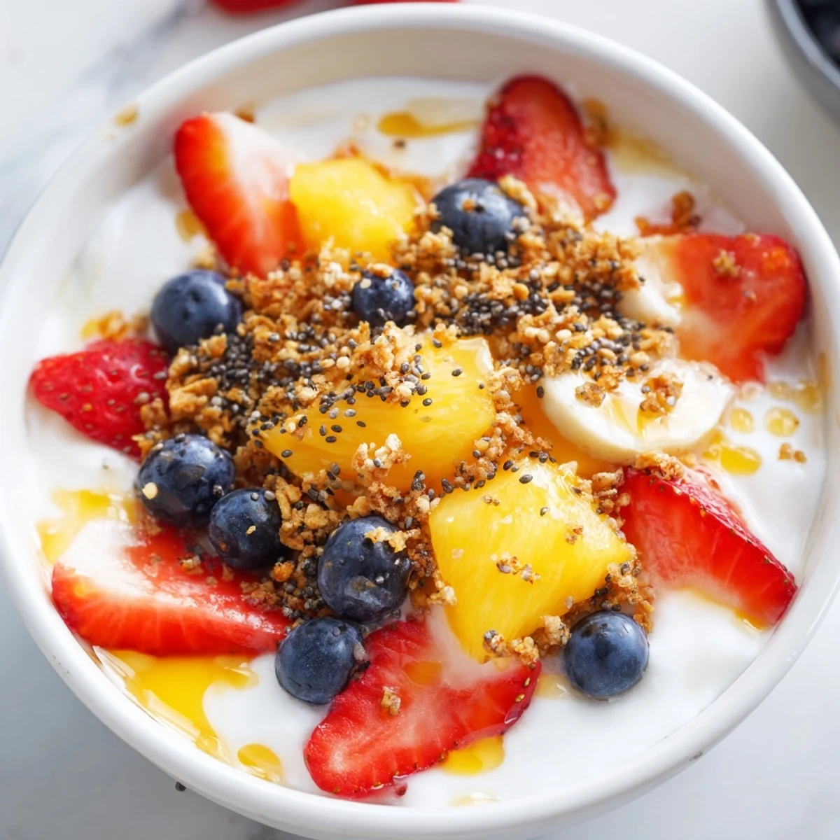 Thick Greek yogurt fruit bowl arranged with sliced strawberries, banana, and blueberries
