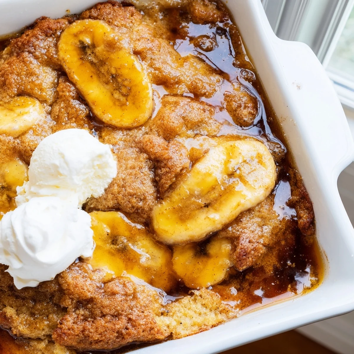 Golden Southern banana cobbler served warm with creamy vanilla ice cream on top