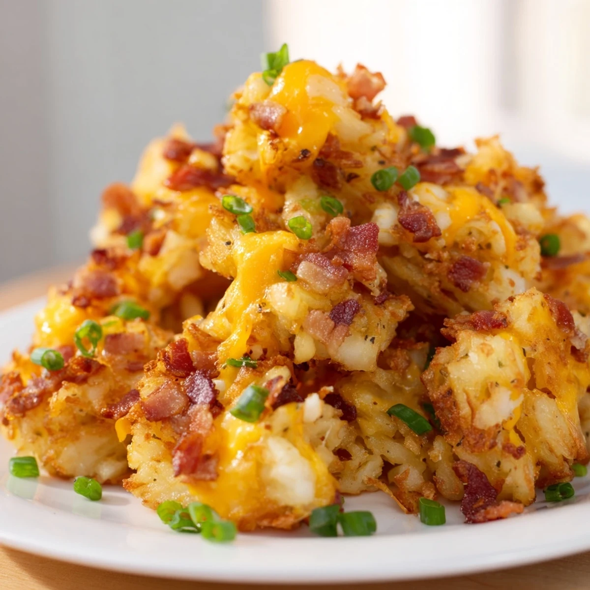 Golden cheesy loaded hashbrown bites fresh from the oven with crispy edges