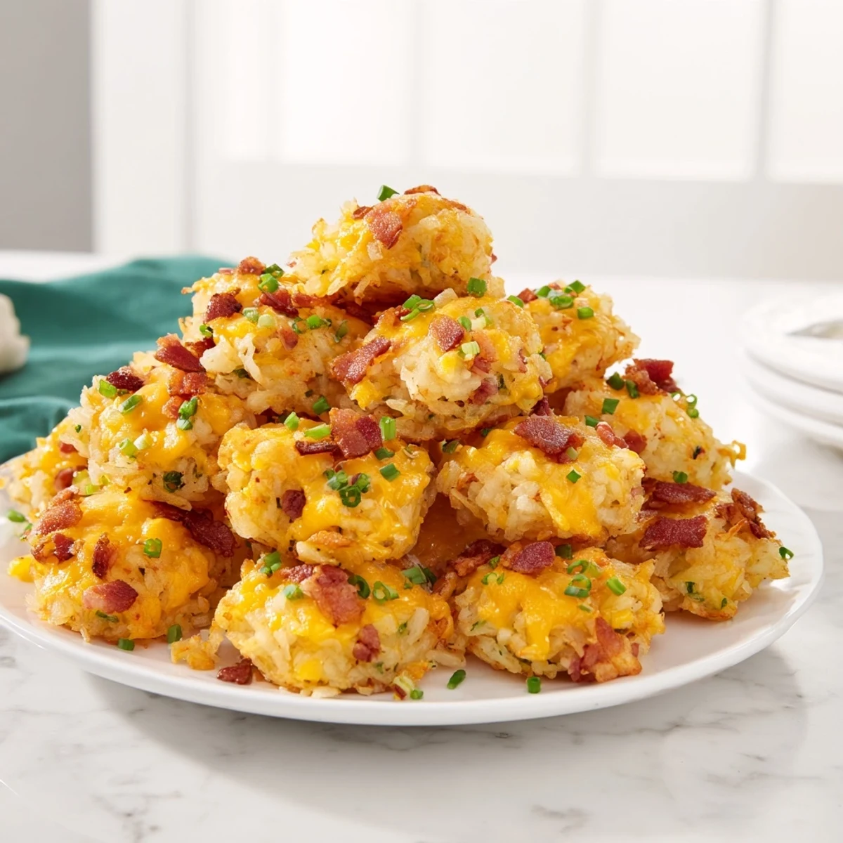 Bite-sized cheesy hashbrown appetizers loaded with bacon and cheddar ready for dipping