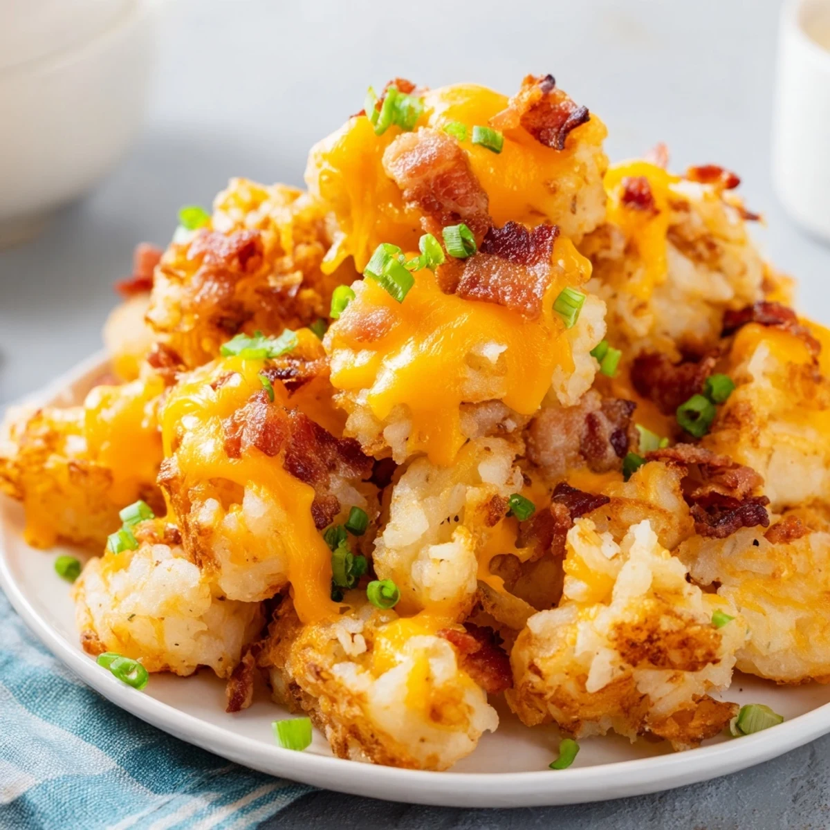 Close up of loaded hashbrown bites topped with green onions on a white plate