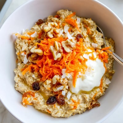 Carrot cake overnight oats in a jar with grated carrots, raisins, and coconut