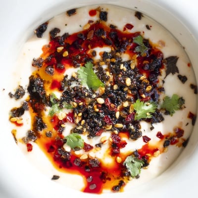 Smoky charred scallion and chili crisp dip served alongside crunchy veggie sticks