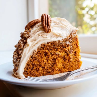 Moist pumpkin pecan cake topped with fluffy cinnamon cream cheese frosting and toasted pecan halves