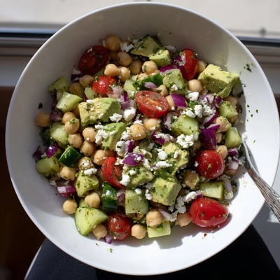 Vibrant chickpea feta avocado salad drizzled with lemon dressing in a wooden bowl