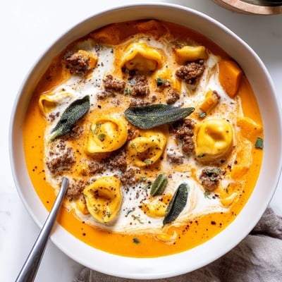 Golden butternut squash sausage tortellini soup topped with melted Parmesan and crispy fried sage leaves