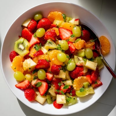 Vibrant fruit bowl filled with strawberries kiwi pineapple and grapes ready to serve