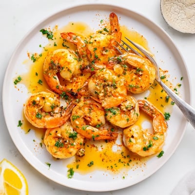 Plump buttered shrimp sizzling in a rich skillet with melted garlic herb butter