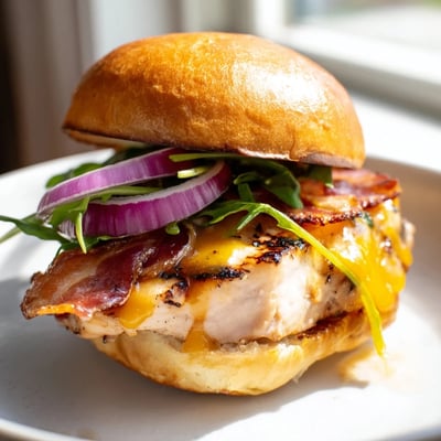 Crispy bacon and juicy maple glazed chicken sliders garnished with red onion on a rustic platter